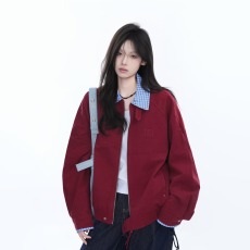 批发日系简约格子拼接撞色字母刺绣外套男女秋季新款宽松工<b class='q'>装</b>夹克上衣