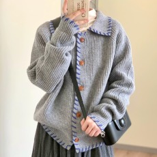 批发<b class='q'>高领</b>韩系灰色单排扣针织开衫女2025春秋新款宽松休闲百搭长袖上衣