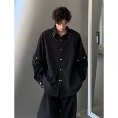 批发2025<b class='q'>秋装</b>新款长袖衬衫男宽松潮牌设计感时尚金属拼接个性衬衣<b class='q'>外套</b>