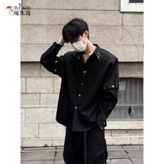 批发高级感黑色可拆卸袖子<b class='q'>短袖</b><b class='q'>衬衫</b><b class='q'>男</b>款痞帅宽松休闲两穿长袖<b class='q'>衬衣</b>外套