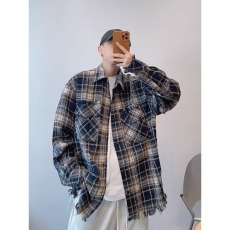 批发复古美式格子长袖衬衫毛边设计感男衬衣<b class='q'>宽松</b>小众时尚百搭翻领上衣