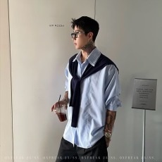 批发<b class='q'>韩版</b>复古披肩蓝色条纹刺绣长袖<b class='q'>衬衫</b><b class='q'>男</b>春秋款休闲宽松百搭显瘦<b class='q'>衬衣</b>