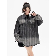 批发秋季复古<b class='q'>衬衫</b>男士美式复古水洗做旧条纹修身长袖潮牌牛仔外套<b class='q'>衬衫</b>