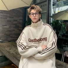 批发美式复古条纹重磅立领<b class='q'>卫衣</b>男秋季新款宽松长袖半拉链外套高街<b class='q'>潮牌</b>