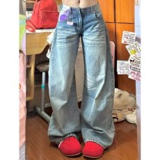 批发美式复古水洗蓝猫须cleanfit<b class='q'>牛仔裤</b>男女宽松显瘦阔腿拖地裤子