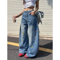 批发美式复古重工小熊刺绣直筒牛仔裤女胖mm春季设计感<b class='q'>高腰</b>宽松阔腿裤