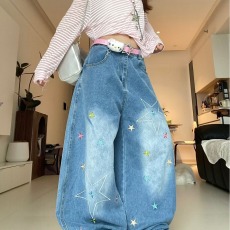 批发vibe潮牌高街痞帅破洞阔腿<b class='q'>牛仔裤</b>男日系复古宽松直筒大码拖地长裤