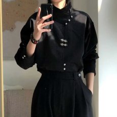 批发新中式国风缎面不规则暗纹立领潮流复古金属盘扣长袖<b class='q'>衬衫</b>男女<b class='q'>情侣</b>