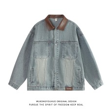 批发美式覆古pu皮拼接牛仔<b class='q'>外套</b>男潮牌街头宽松BF翻领工装<b class='q'>夹克</b>