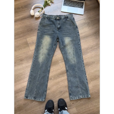 批发cleanfit斜切微喇牛仔裤男款秋季拼接设计感裤子美式高街直筒<b class='q'>长裤</b>