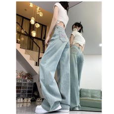 批发设计感蝴蝶结刺绣牛仔裤女<b class='q'>夏</b>季薄款复古高腰直筒裤阔腿裤拖地长裤