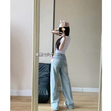 批发浅蓝色做旧蝴蝶结刺绣牛仔裤女<b class='q'>夏</b>季美式高腰直筒设计感宽松阔腿裤