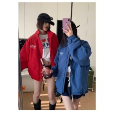 批发2025春季美式字母印花立领工装外套男女宽松ins百搭休闲夹克
