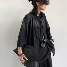 批发新中式复古风渐变水洗牛仔<b class='q'>衬衫</b><b class='q'>男士</b><b class='q'>短袖</b>盘扣五分袖<b class='q'>衬衣</b>夏季半袖潮