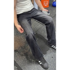 批发美式黑色解构拼接<b class='q'>牛仔裤</b><b class='q'>男</b>款秋季水洗做旧弯刀裤子<b class='q'>修身</b>直筒微喇裤