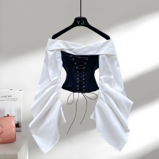 批发欧美女装2025秋季新款设计感绑带收腰一字肩褶皱长袖修身显瘦上衣