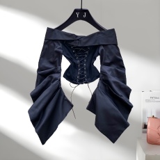 批发洋气百搭欧美女装2025秋季新款设计感绑带收腰一字肩褶皱长袖修身显瘦上衣