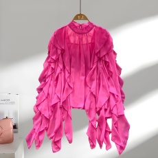 批发<b class='q'>欧美</b>时尚百搭荷叶边拼接雪纺衬衫女2025秋季薄款宽松显瘦休闲上衣