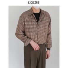 批发优雅<b class='q'>商务</b>绅士 高级感男士咖色格子<b class='q'>衬衫</b>简约长袖百搭休闲<b class='q'>衬衣</b>春秋