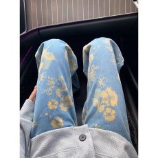 批发满印花卉阔腿水洗牛仔裤男中腰2025年新款春季直筒显瘦拖地裤子