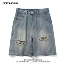 批发高街复古破洞<b class='q'>牛仔</b><b class='q'>短裤</b><b class='q'>男</b>夏美式水洗阔腿中裤潮牌百搭设计感五分裤