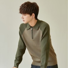 批发半拉链毛衣男秋季polo领内搭打底衫慵懒风上衣撞色翻领男士针织衫