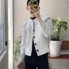 批发小香风垫肩格子外套<b class='q'>男</b>春秋高级感痞帅飞行夹克新中式<b class='q'>西服</b>上衣