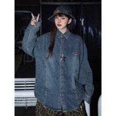 批发美式复古字母刺绣牛仔<b class='q'>衬衫</b>男女新款宽松休闲百搭<b class='q'>衬衣</b>外套
