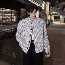 批发小香风短款垫肩格子外套<b class='q'>男</b>春秋高级感痞帅飞行夹克新中式<b class='q'>西服</b>上衣