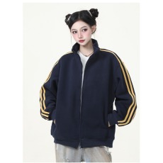 批发美式复古三条杠立领夹克男秋季潮牌宽松双头拉链夹克<b class='q'>情侣</b><b class='q'>开衫</b>外套