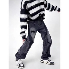 批发春秋潮牌暗黑系做旧复古黑色<b class='q'>破洞</b>牛仔裤街头风机能痞帅修身<b class='q'>小脚裤</b>