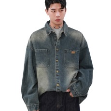 批发美式潮牌小众复古洗水泥染牛仔<b class='q'>衬衫</b>男秋季长袖宽松休闲<b class='q'>衬衣</b>外套男