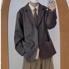 批发春秋日系复古细格纹<b class='q'>西服</b><b class='q'>男</b>生宽松休闲小众设计小西装上衣外套潮