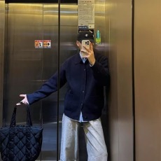 批发春季韩版翻领针织开衫潮牌东大门高级感慵懒风藏蓝色毛衣外套