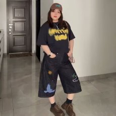 批发新款刺绣<b class='q'>牛仔</b>七分裤<b class='q'>男</b>女款直筒阔腿裤夏季休闲<b class='q'>短裤</b>宽松设计感裤子