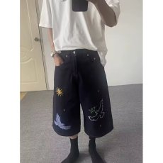 批发新款刺绣<b class='q'>牛仔</b>七分裤<b class='q'>男</b>女款直筒阔腿裤夏季休闲<b class='q'>短裤</b>宽松设计感裤子