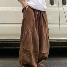 批发日系复古咖啡色休闲裤男<b class='q'>女生</b>学院风简约宽松直筒阔腿裤工装长裤子
