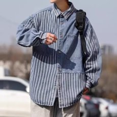 批发复古条纹拼接牛仔<b class='q'>衬衫</b>外套男士春秋款ins潮宽松水洗工装夹克上衣