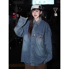 批发秋季美式休闲痞帅水洗复古牛仔<b class='q'>衬衫</b>男长袖宽松潮牌高街百搭<b class='q'>衬衣</b>