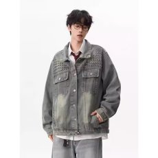 批发美式复古黄泥染水洗牛仔夹克男宽松大码秋季潮牌休闲工装外套上衣