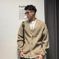 批发美式复古简约针织衫新款秋季潮牌男慵懒风大V领长袖开衫毛衣外套