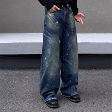 批发<b class='q'>欧洲站</b>2025春季水洗做旧漆点涂鸦高腰直筒压褶<b class='q'>牛仔裤</b>女宽松休闲裤