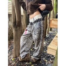 批发美式覆古腰带炼条印花豹纹裤男女宽松<b class='q'>休闲</b>百搭直筒阔腿长裤