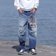 批发破洞男装显瘦高街彩印渐变<b class='q'>休闲</b>牛仔裤2025年新炸街水洗阔腿裤时尚