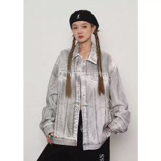 批发美式高街做旧废土风脏洗牛仔外套男喷砂涂鸦水洗长袖<b class='q'>衬衫</b>夹克女潮