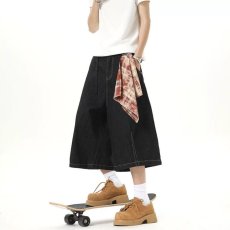 批发美式设计感丹宁蓝六分<b class='q'>牛仔</b><b class='q'>短裤</b><b class='q'>男</b>夏季新款宽松直筒显瘦五分中裤子