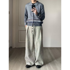 批发老钱风千鸟格<b class='q'>休闲裤</b>男秋季打褶排扣a字阔腿西裤宽松裤子