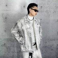 批发美式高街做旧废土风脏洗牛仔外套<b class='q'>男</b>喷砂涂鸦水洗长袖<b class='q'>衬衫</b>夹克女潮
