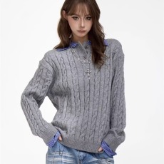批发麻花翻领针织衫<b class='q'>男</b>女秋冬季宽松慵懒风毛衣韩系潮流套头上衣