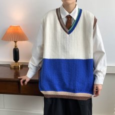 批发无袖v领针织背心<b class='q'>男</b>春秋款外穿马甲ins原宿风撞色日系情侣复古毛衣